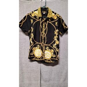 Phat Farm Mens Baroque Lion Head Gold Chain Print ShortSleeve ButtonDown Shirt M